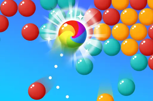 Imagem colorida do jogo Bubble Shooter - Classic Pop com bolhas vermelhas, azuis, laranjas e uma bolha especial arco-íris prestes a estourar outras, destacando a mecânica de combinação e tiro.